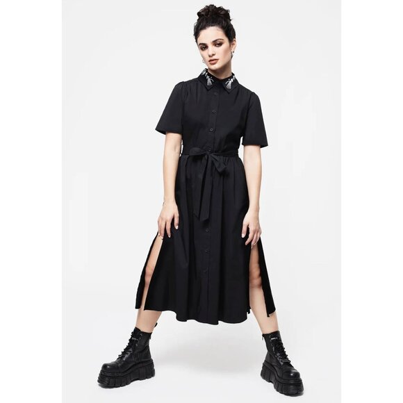 Disturbia Tempora Embroidered Midi Shirt Dress Skeleton Hand Belted Black US 12 - Picture 6 of 16